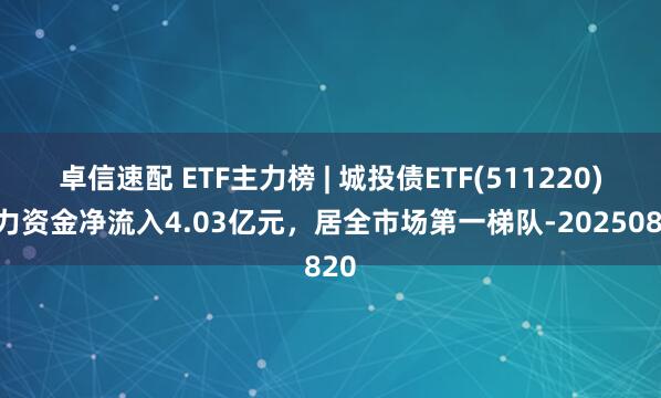 卓信速配 ETF主力榜 | 城投债ETF(511220)主力资金净流入4.03亿元，居全市场第一梯队-20250820